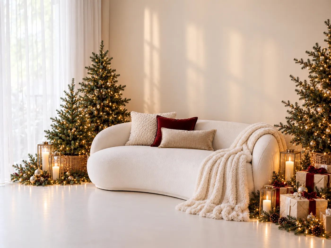 De daglichtstudio in kerstsfeer: witte bank met plaids, kerstbomen met lichtjes en cadeaus