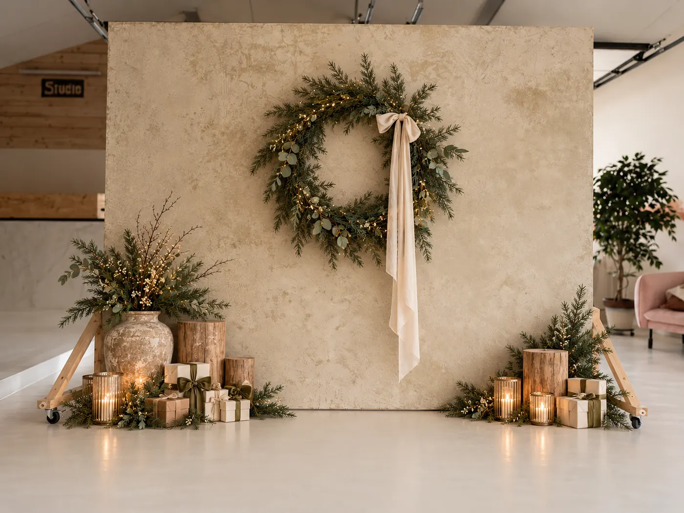 Natuurstenen wand met grote groene krans, lint, kaarsen en cadeautjes