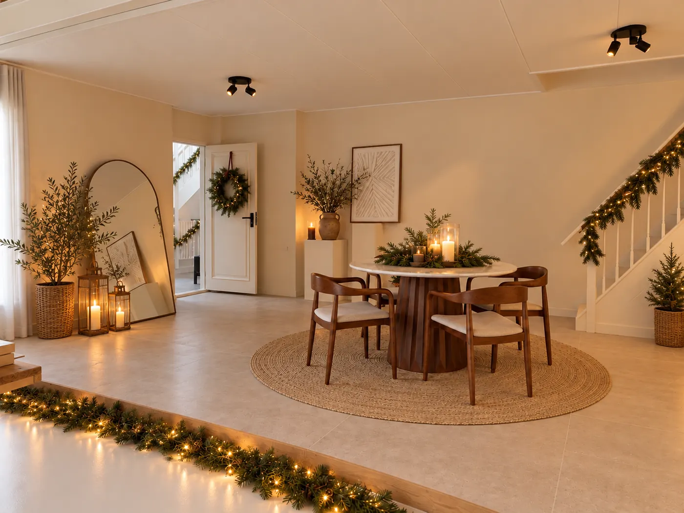 Studio in kerstsfeer met tafel, kaarsen, krans op de deur en verlichte trap