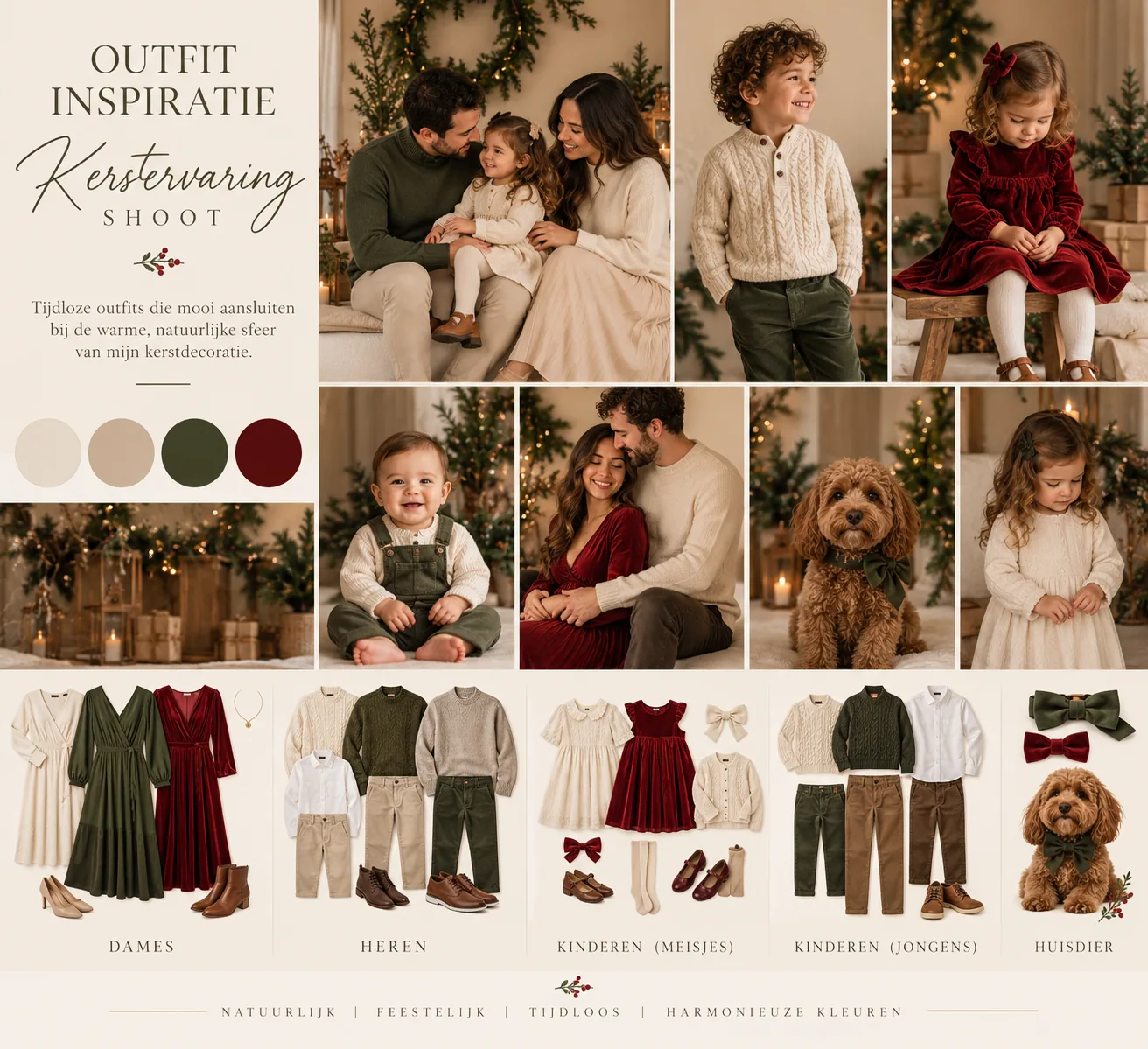 Outfit-inspiratie voor de Kerstervaring Shoot: dames, heren, kinderen en huisdier in crème, zand, groen en bordeaux